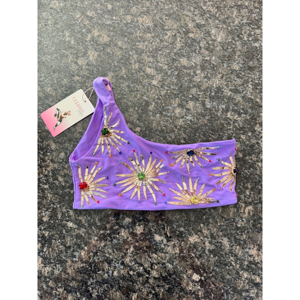 Oceanus Lilac Callie One Shoulder Embellished Bikini Top Gold Sequin Crystal NWT